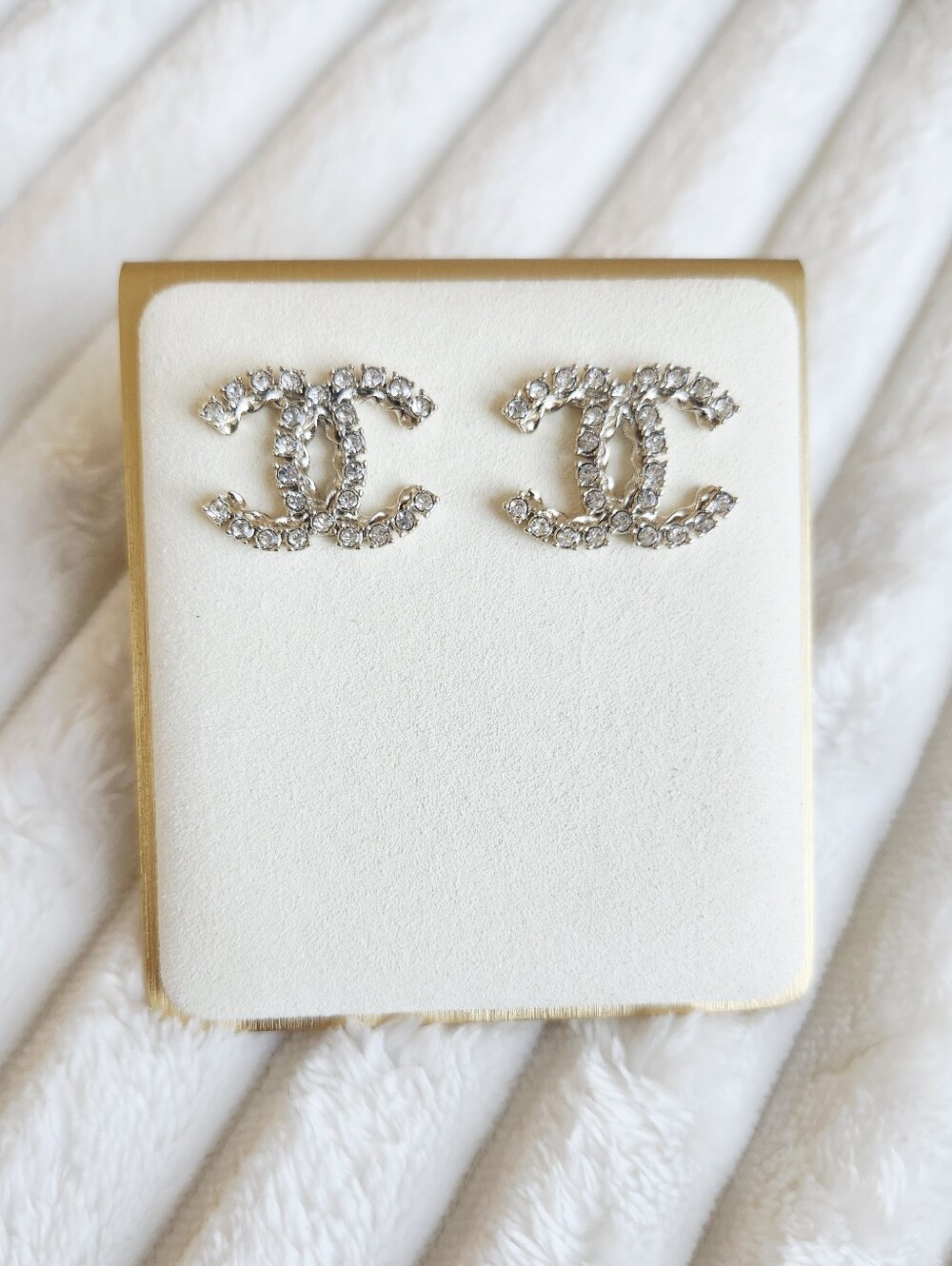 Chanel Crystal CC Logo Stud Earrings Light Gold Tone